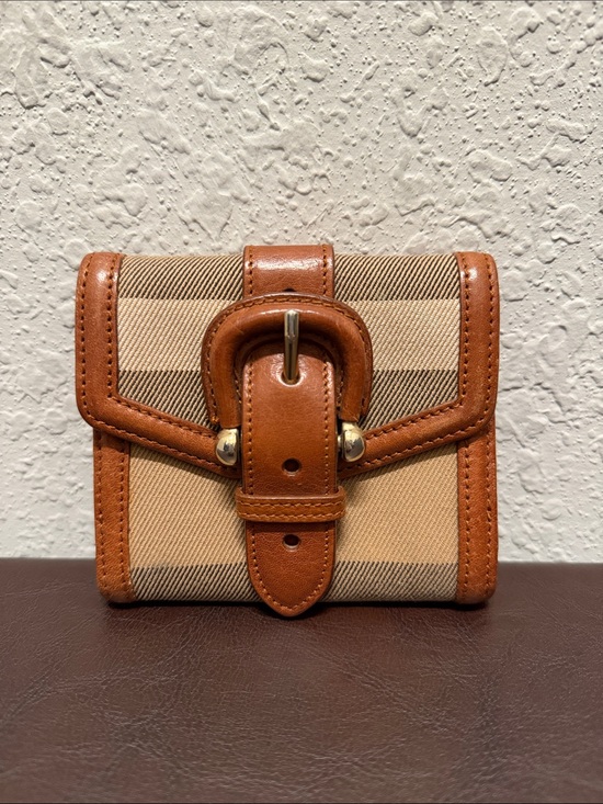 Burberry Handbags - Burberry Tan Canvas and Brown Leather Buckle Wallet
